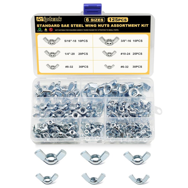 Siptenk SAE Wing Nuts 125PCS, #6-32#8-32#10-24 1/4"-20 3/8"-16 5/16"-18 Wingnuts 6 Assorted Sizes Carbon Steel Zinc Plated Butterfly Wing Nut Fasteners Hardware Assortment Kit - Image 1